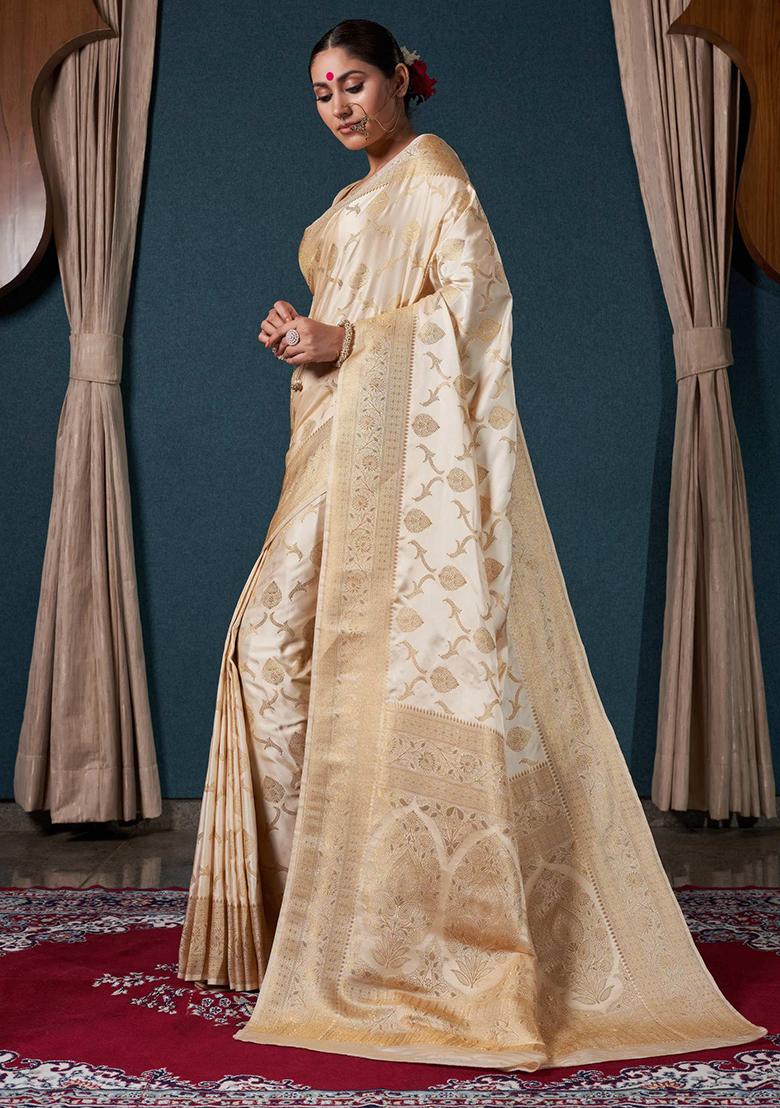 Off White Zari Work Satin Saree Set