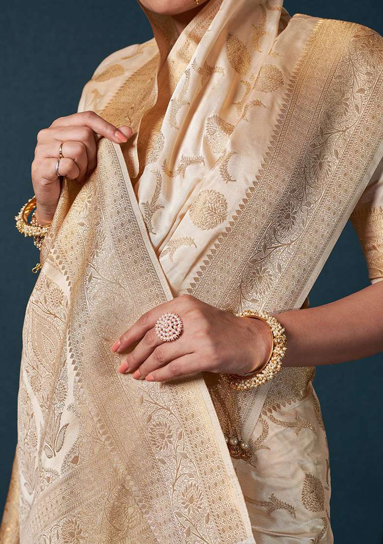 Off White Zari Work Satin Saree Set for Diwali and Festive Wear - Indya