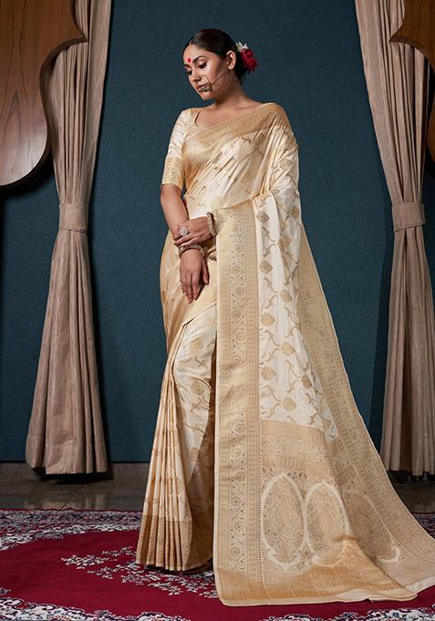 Off White Zari Work Satin Saree Set
