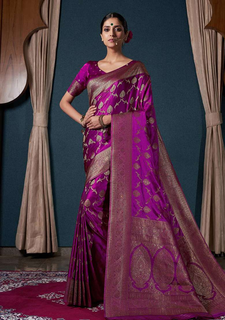 Wine Satin Saree Set with Zari Work for Diwali | Wedding & Festive Wear - Indya