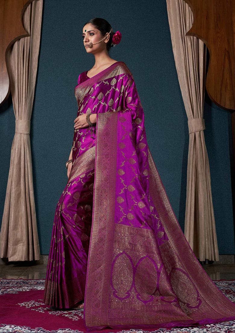 Wine Zari Work Satin Saree Set