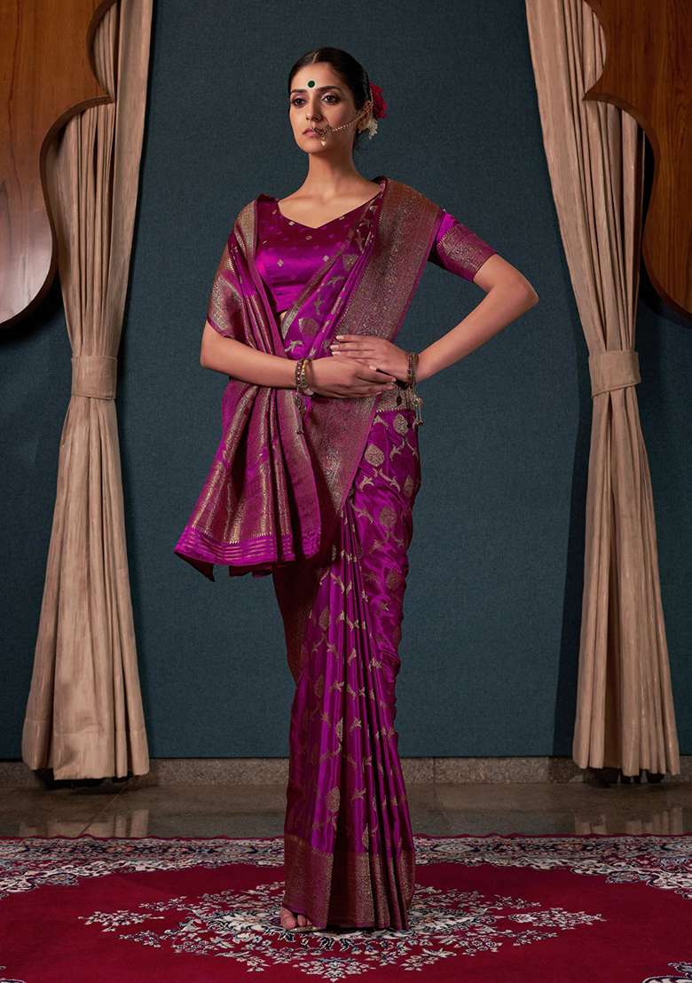 Wine Satin Saree Set with Zari Work for Diwali | Wedding & Festive Wear - Indya