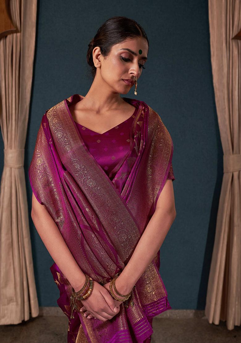 Wine Zari Work Satin Saree Set