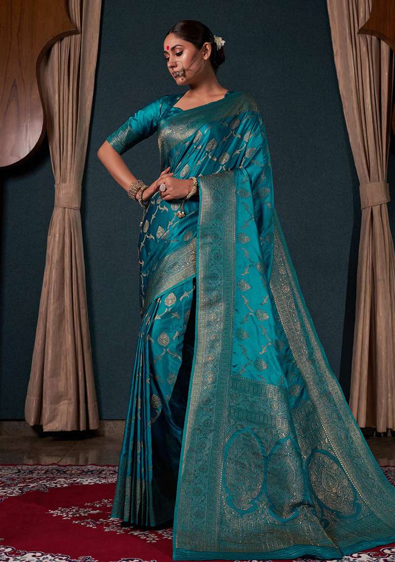 Teal Blue Satin Saree Set with Zari Work for Diwali | Wedding & Festive Wear - Indya
