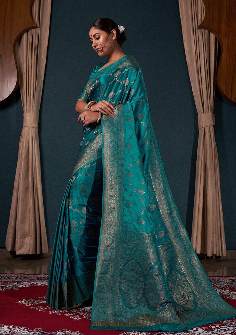 Teal Blue Zari Work Satin Saree Set