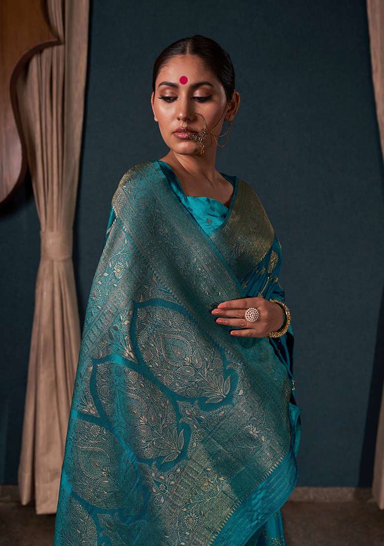 Teal Blue Satin Saree Set with Zari Work for Diwali | Wedding & Festive Wear - Indya