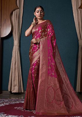 Pink Zari Work Satin Saree Set