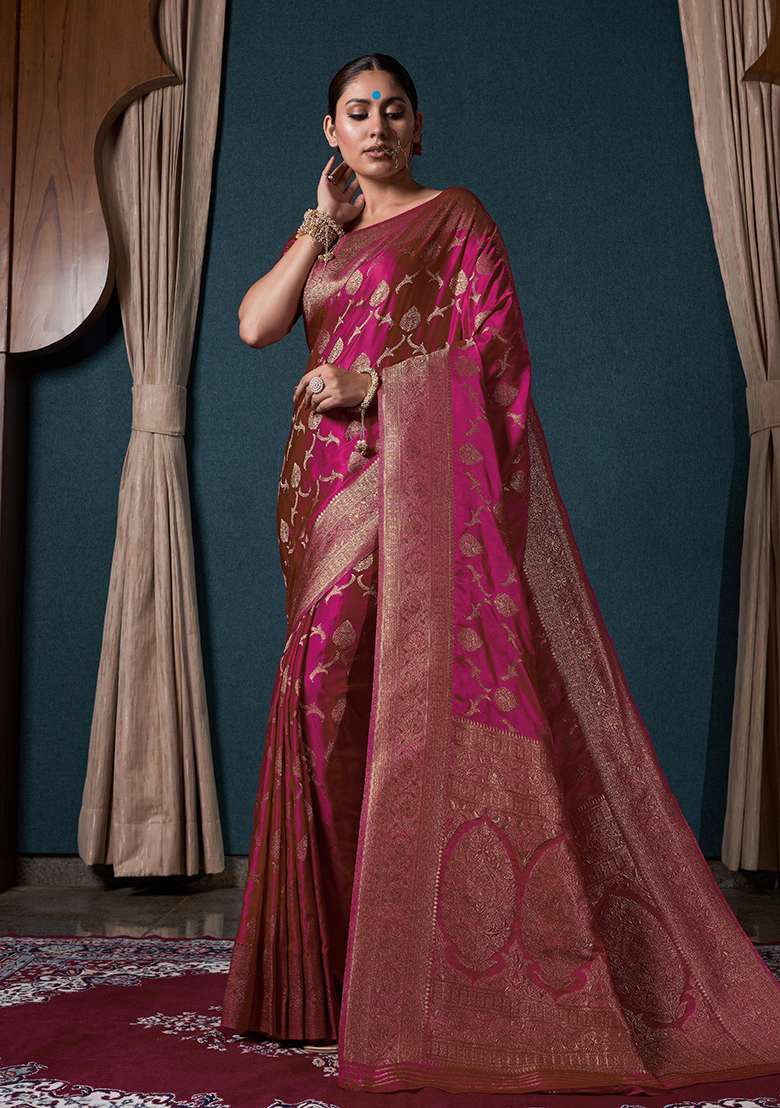 Pink Satin Saree Set with Zari Work for Diwali | Wedding & Festive Wear - Indya
