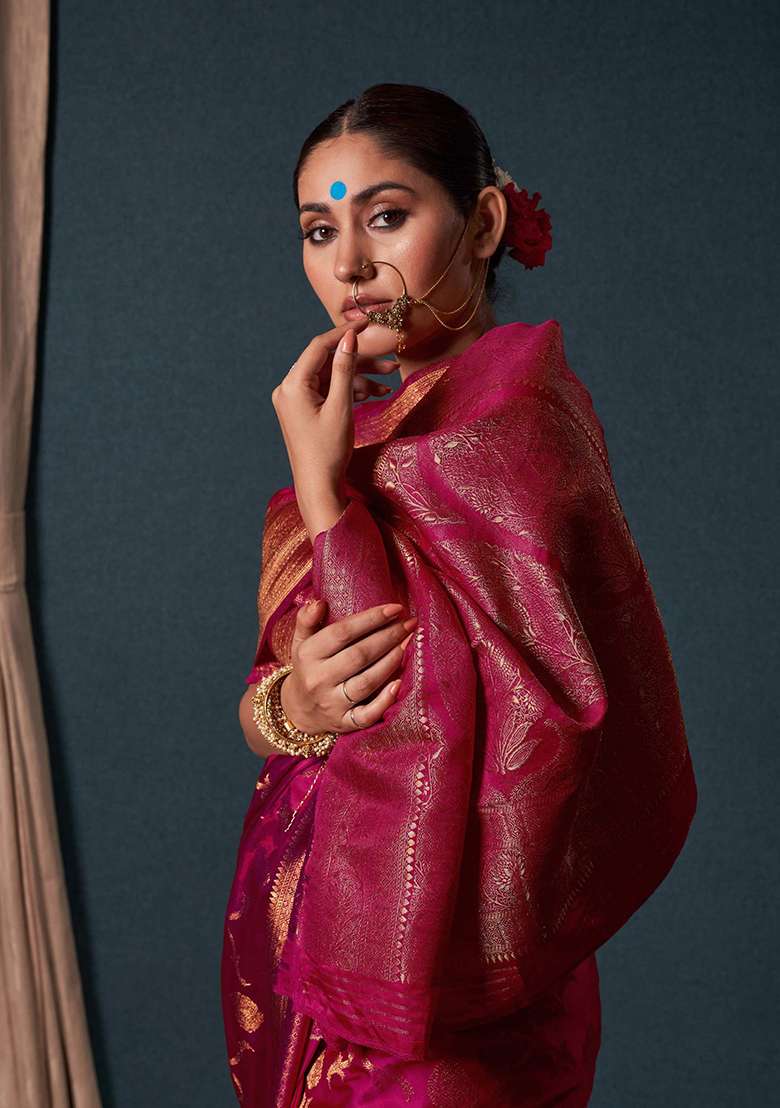 Pink Satin Saree Set with Zari Work for Diwali | Wedding & Festive Wear - Indya