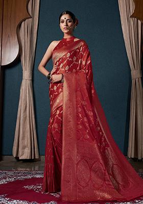 Red Zari Work Satin Saree Set