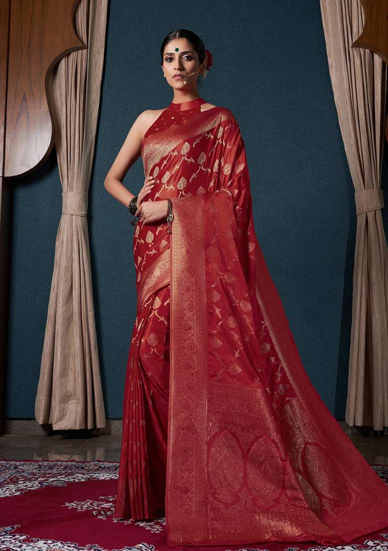 Red Zari Work Satin Saree Set for Diwali and Festive Wear - Indya