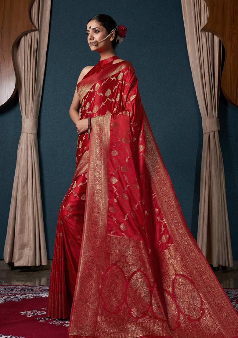 Red Zari Work Satin Saree Set