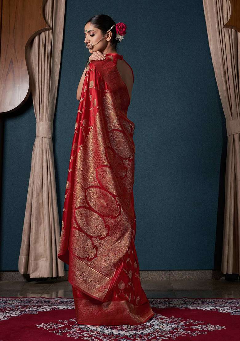 Red Zari Work Satin Saree Set for Diwali and Festive Wear - Indya