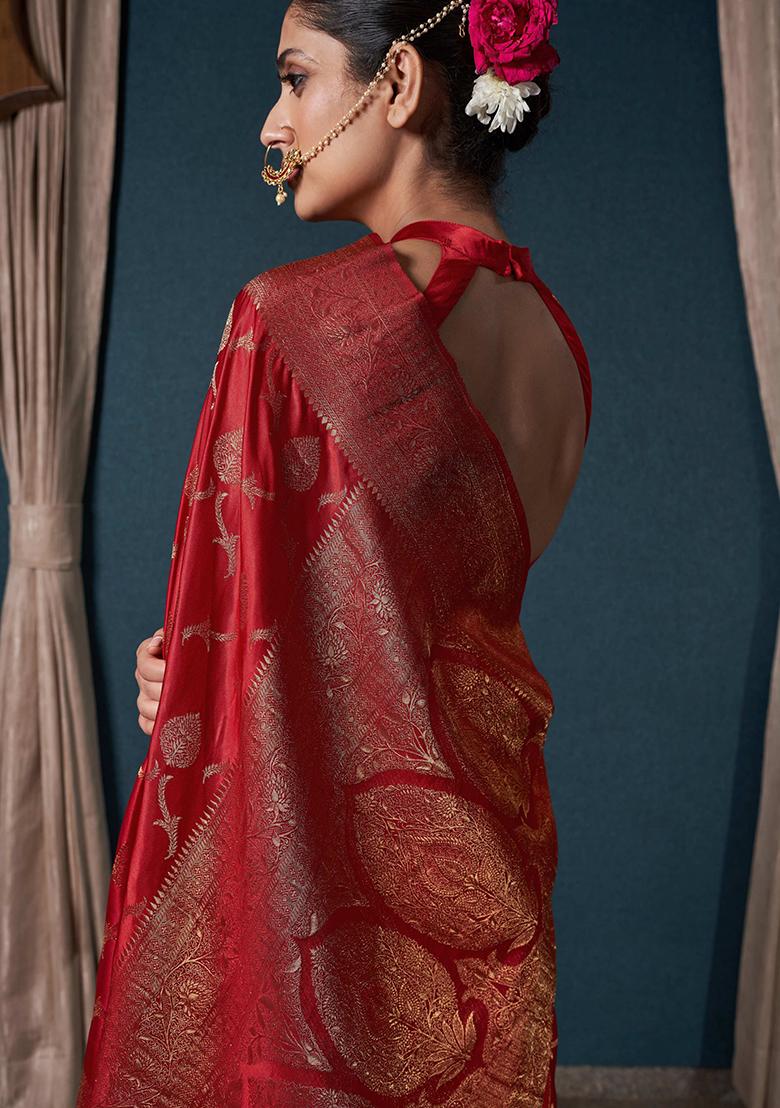Red Zari Work Satin Saree Set