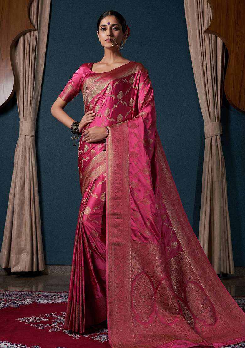 Onion Pink Satin Saree Set with Zari Work for Diwali | Wedding & Festive Wear - Indya