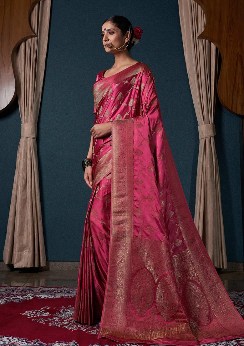Onion Pink Zari Work Satin Saree Set