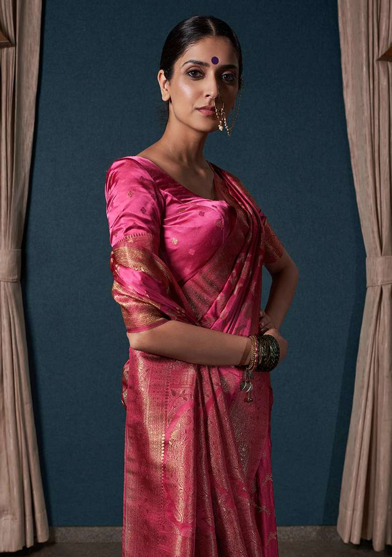 Onion Pink Satin Saree Set with Zari Work for Diwali | Wedding & Festive Wear - Indya