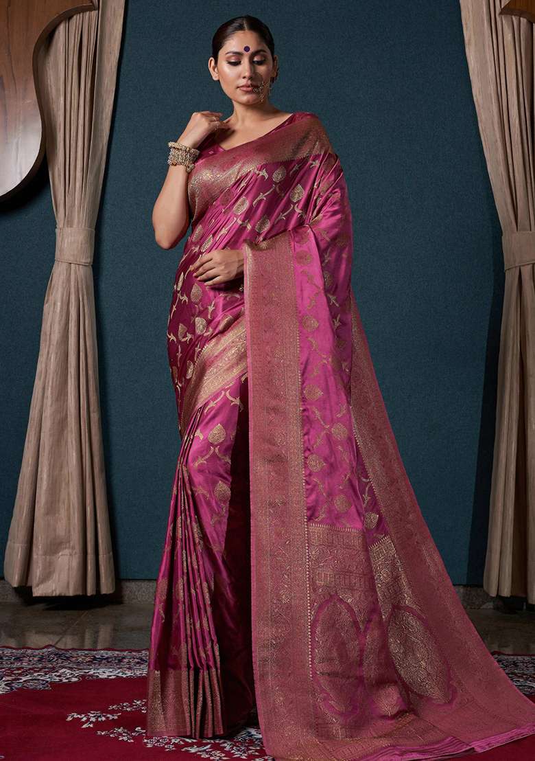 Rani Pink Zari Work Satin Saree Set for Diwali and Festive Wear - Indya