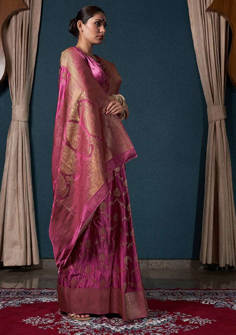 Rani Pink Zari Work Satin Saree Set for Diwali and Festive Wear - Indya