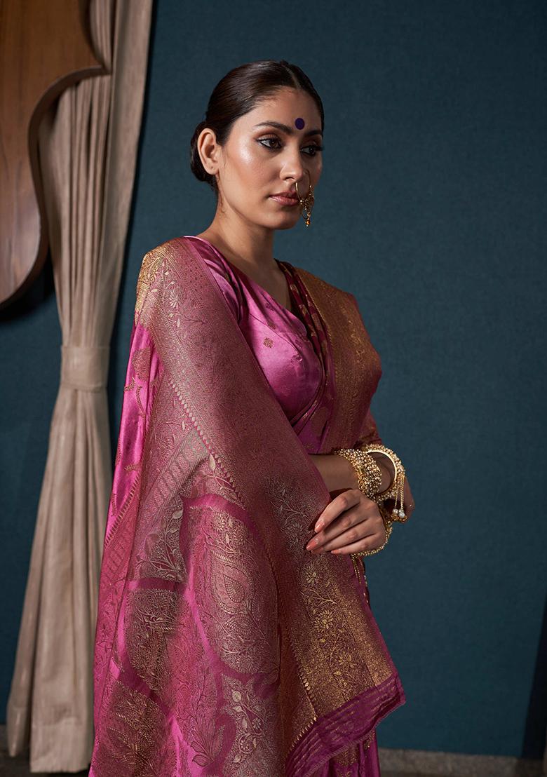 Rani Pink Zari Work Satin Saree Set