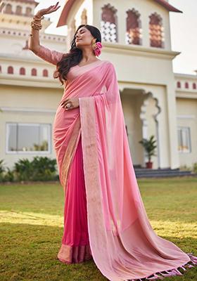 Pink Zari Work Banarasi Silk Saree Set
