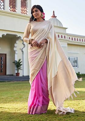Off White Zari Work Banarasi Silk Saree Set