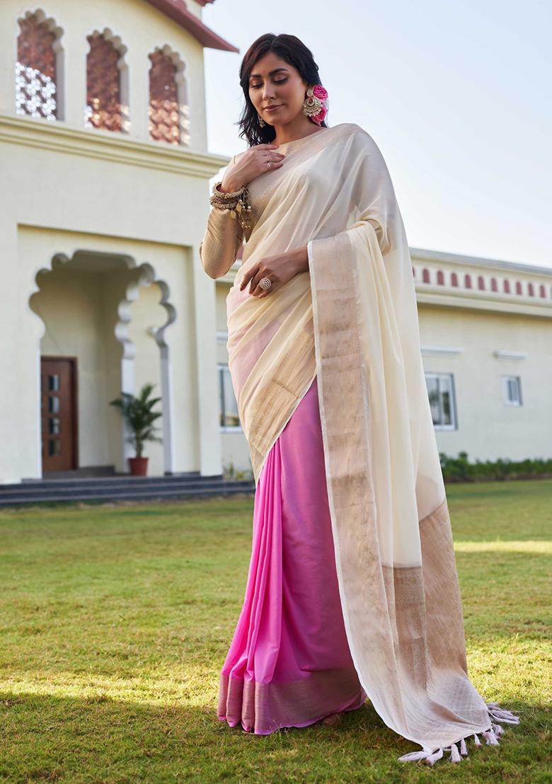 Off White Zari Work Banarasi Silk Saree Set