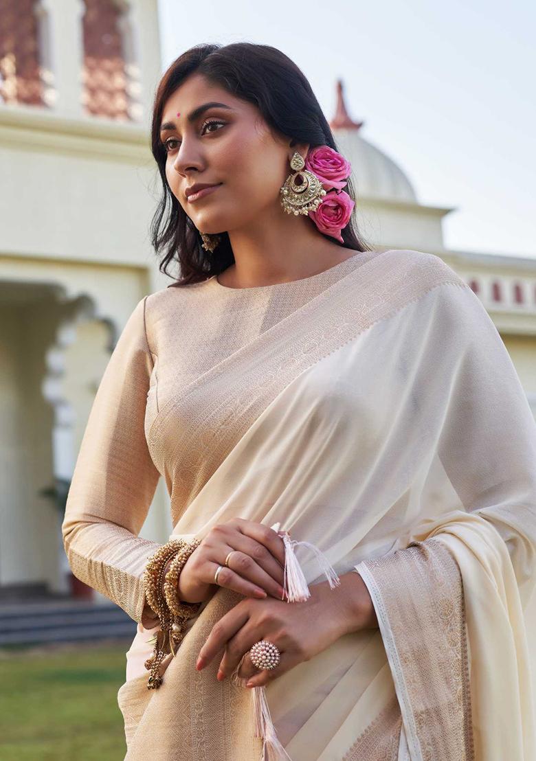 Off White Zari Work Banarasi Silk Saree Set