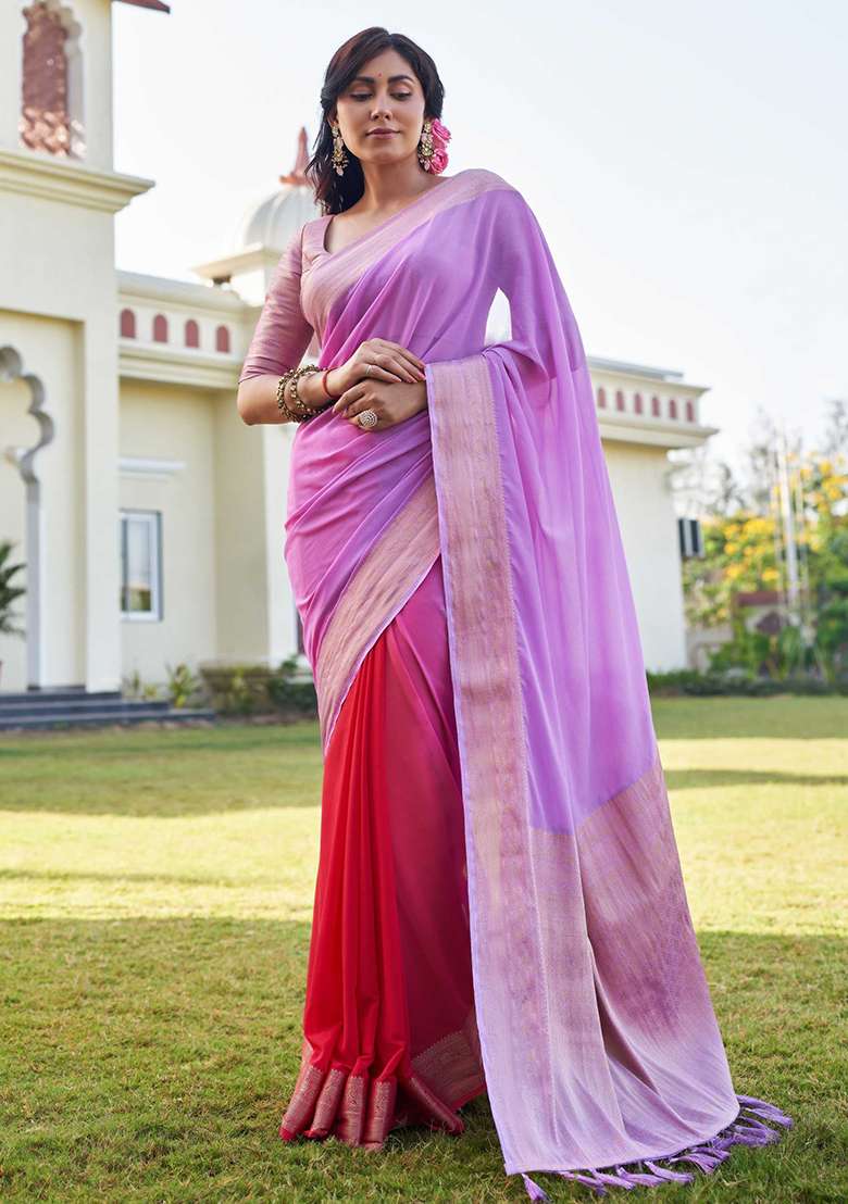 Lavender Zari Work Banarasi Silk Blend Saree Set for Diwali and Festive Wear - Indya