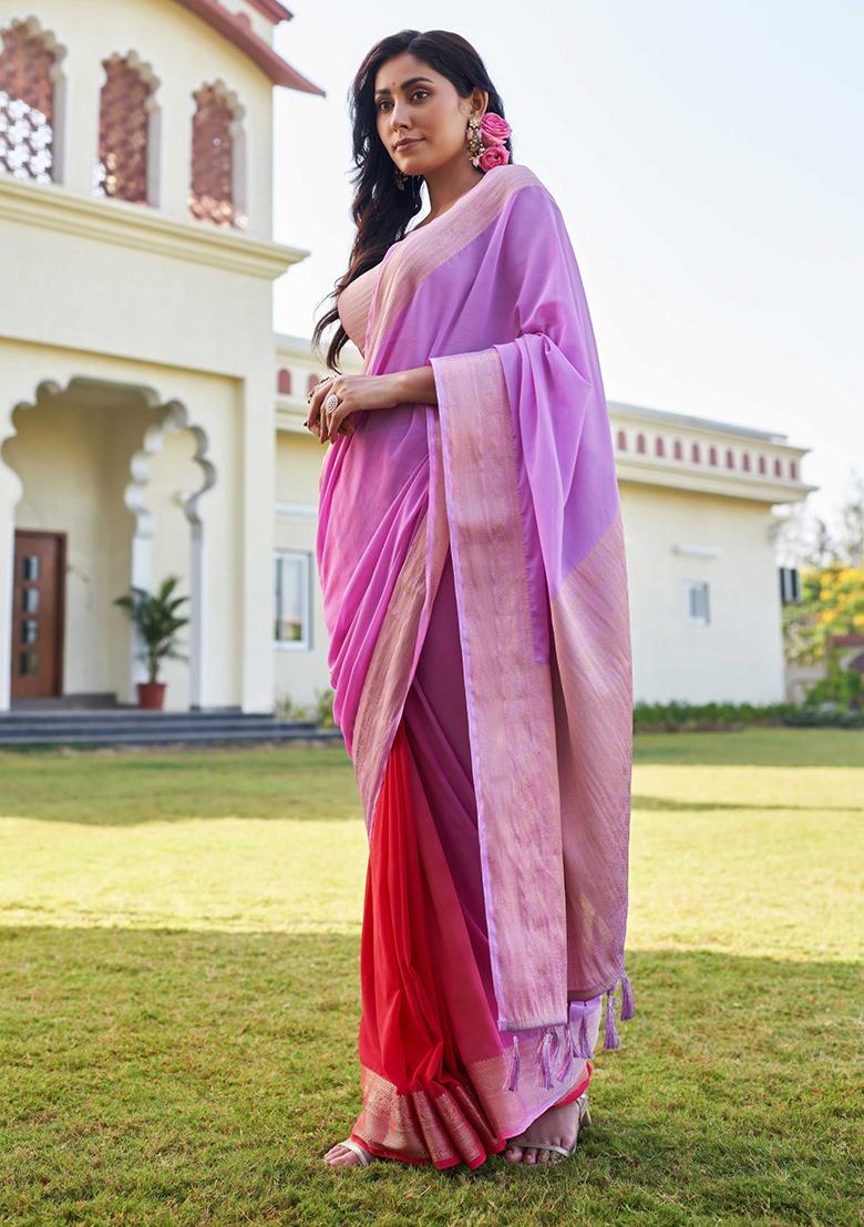 Lavender Zari Work Banarasi Silk Saree Set