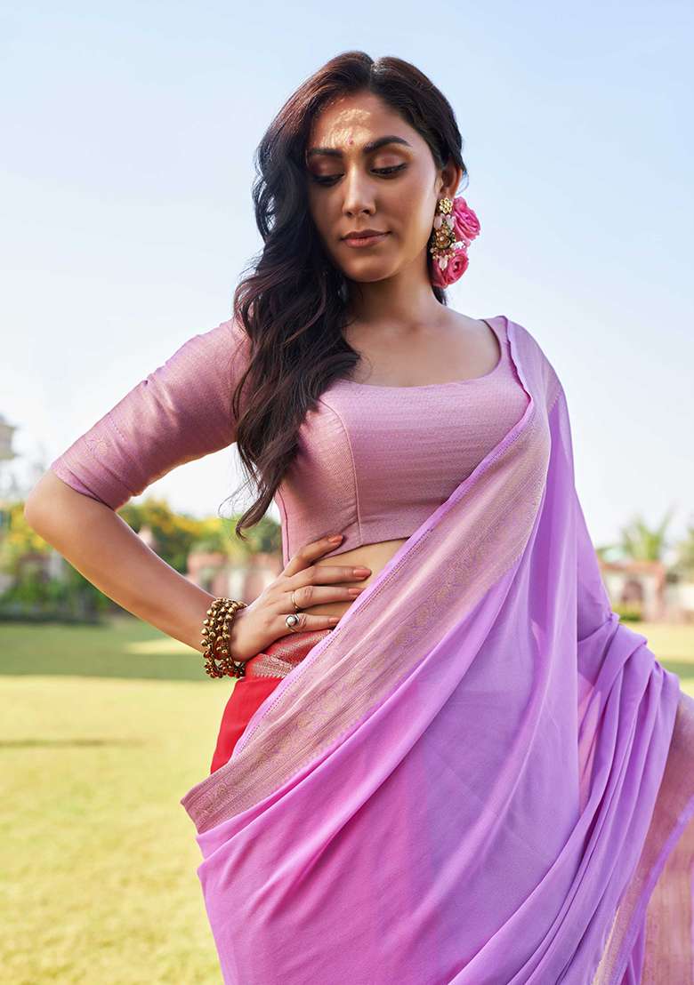 Lavender Zari Work Banarasi Silk Blend Saree Set for Diwali and Festive Wear - Indya