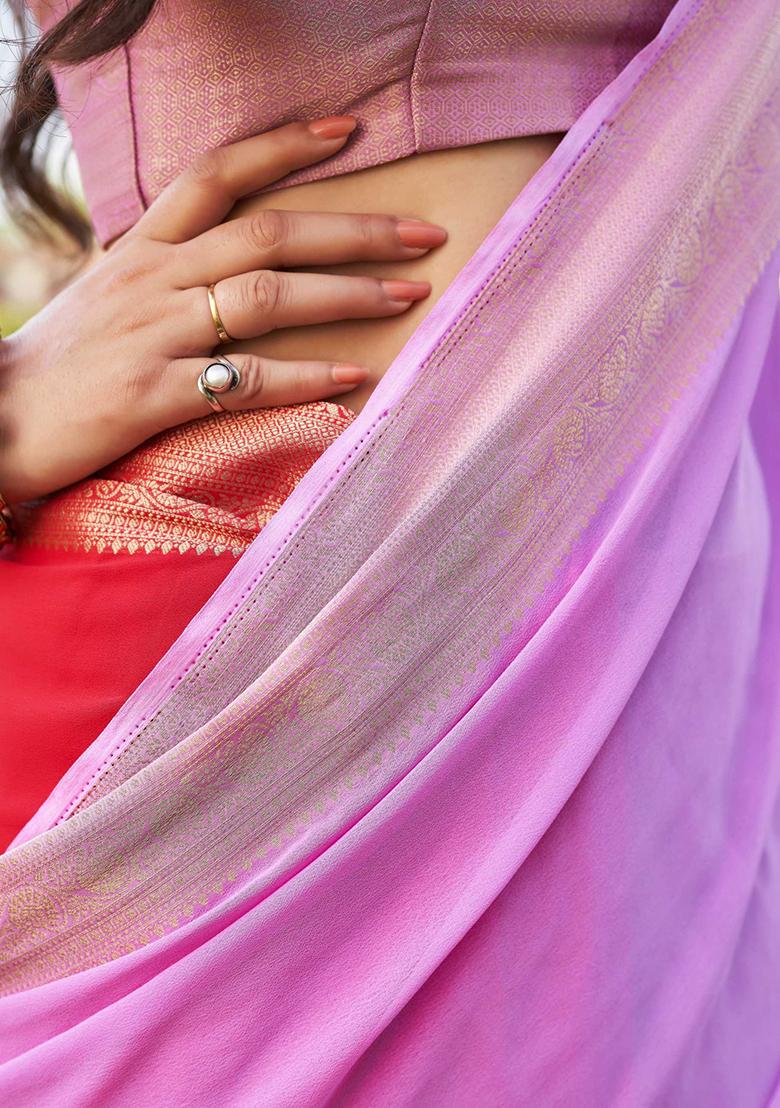 Lavender Zari Work Banarasi Silk Saree Set