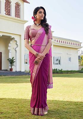 Pink Zari Work Banarasi Silk Saree Set