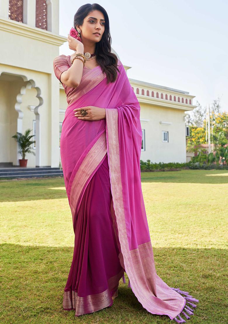 Pink Zari Work Banarasi Silk Saree Set