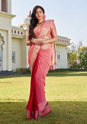 Peach Zari Work Banarasi Silk Saree Set