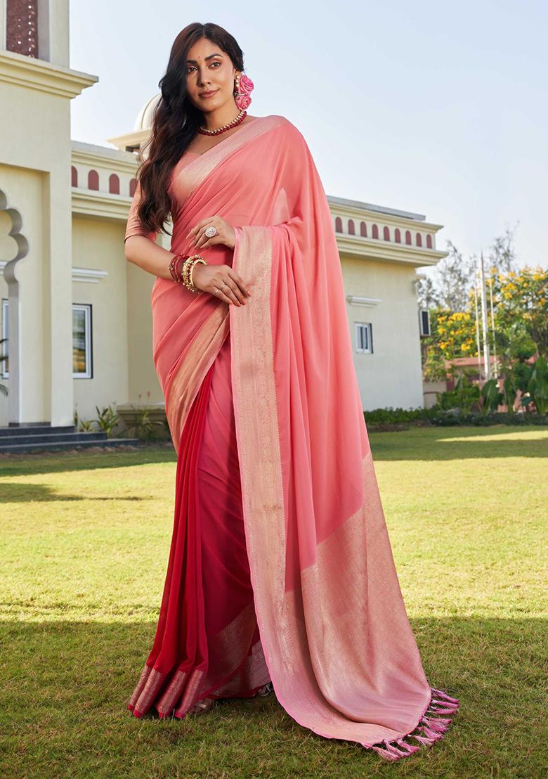 Peach Zari Work Banarasi Silk Saree Set