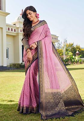 Pink Floral Print Banarasi Silk Saree Set