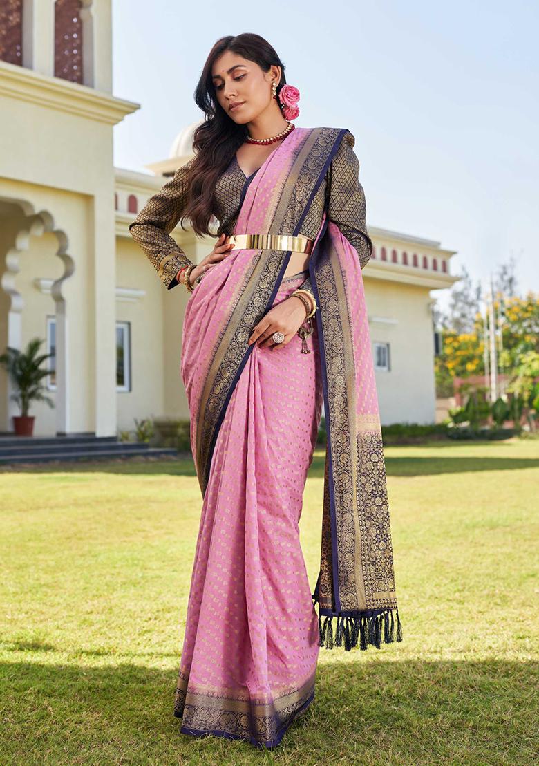 Pink Floral Print Banarasi Silk Saree Set