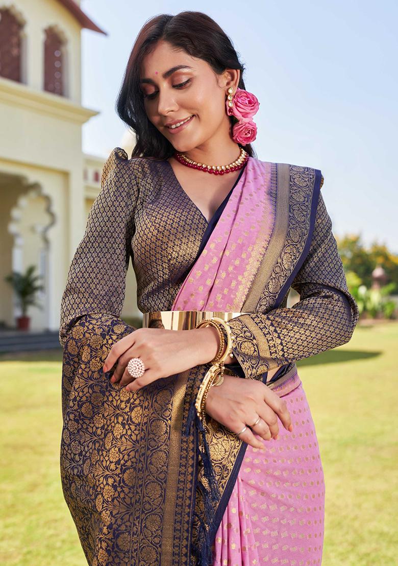 Pink Floral Print Banarasi Silk Saree Set