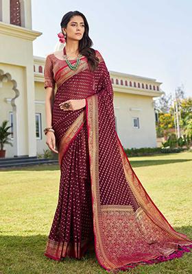 Wine Floral Print Banarasi Silk Saree Set