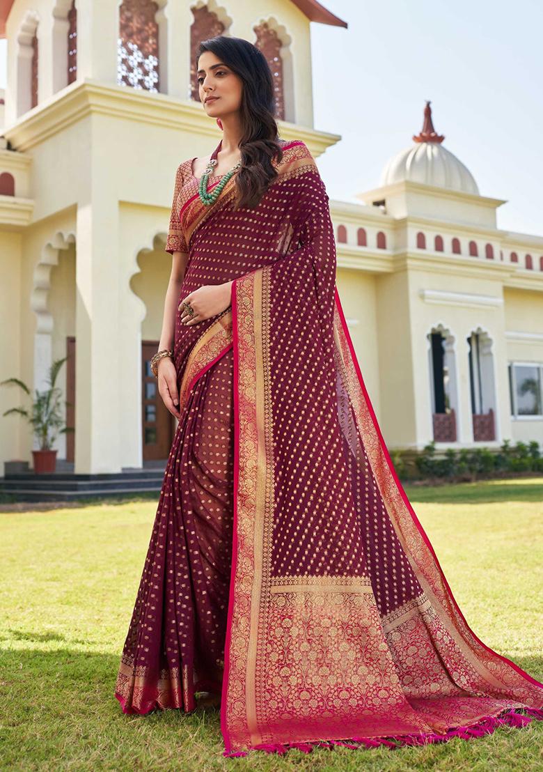 Wine Floral Print Banarasi Silk Saree Set