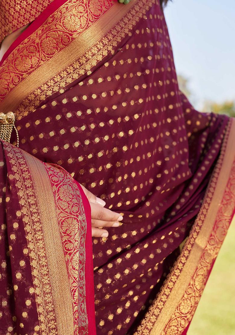 Wine Floral Print Banarasi Silk Saree Set