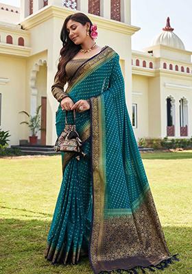 Teal Blue Floral Print Banarasi Silk Saree Set