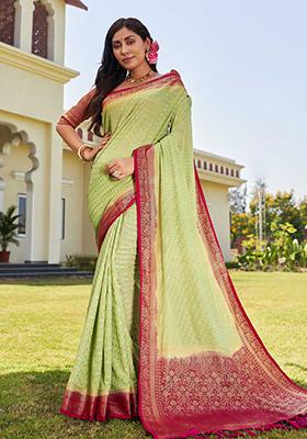 Pista Green Floral Print Banarasi Silk Saree Set