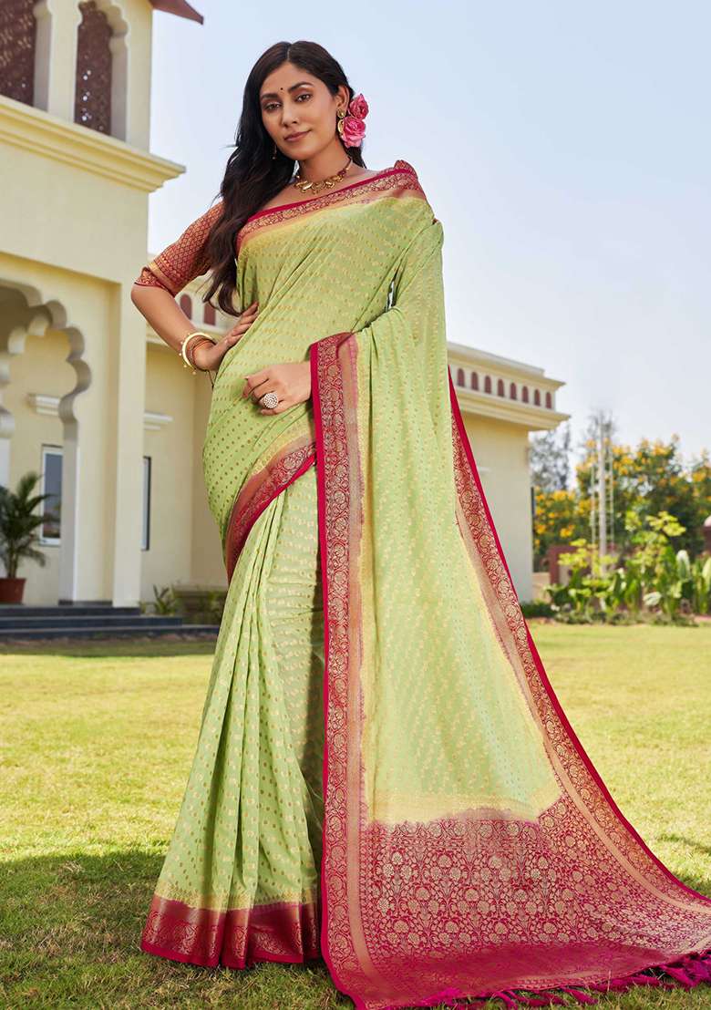 Pista Green Floral Print Banarasi Silk Saree Set - Indya