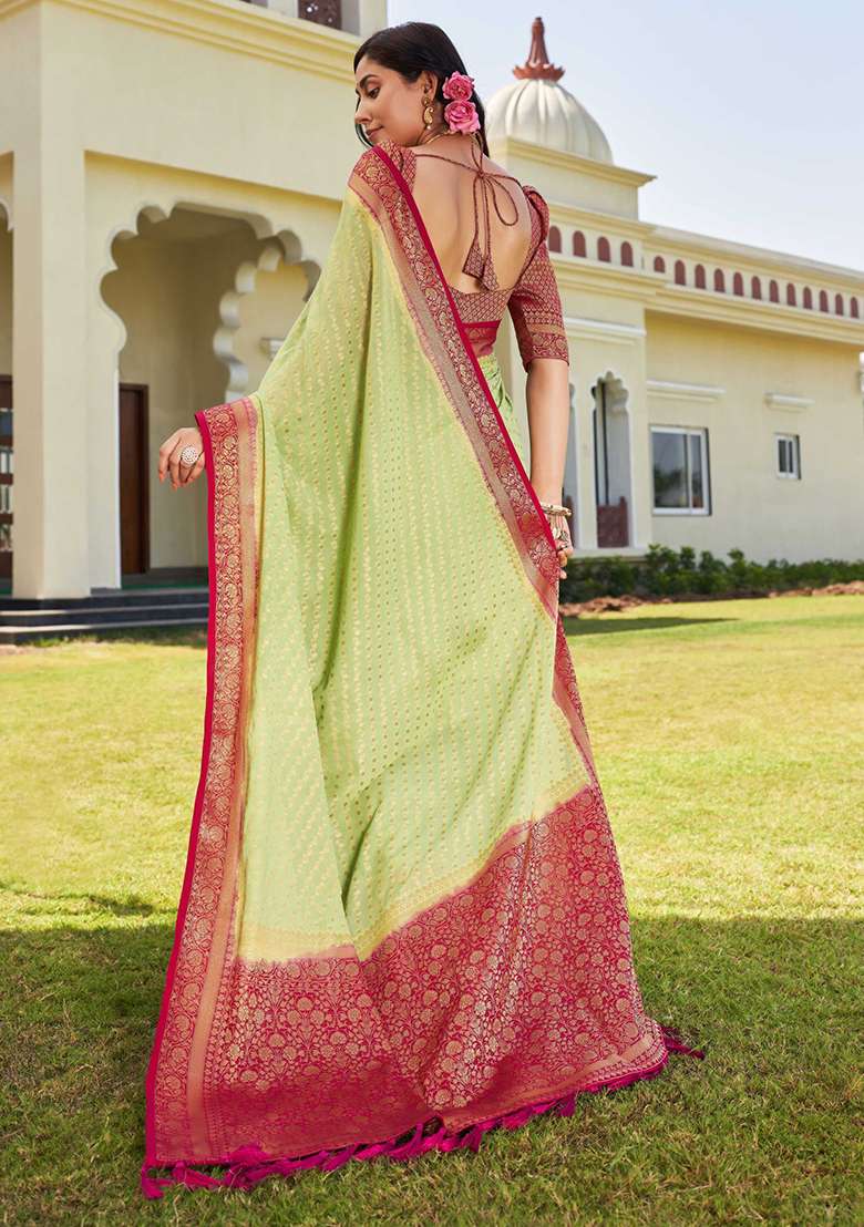 Pista Green Floral Print Banarasi Silk Saree Set - Indya