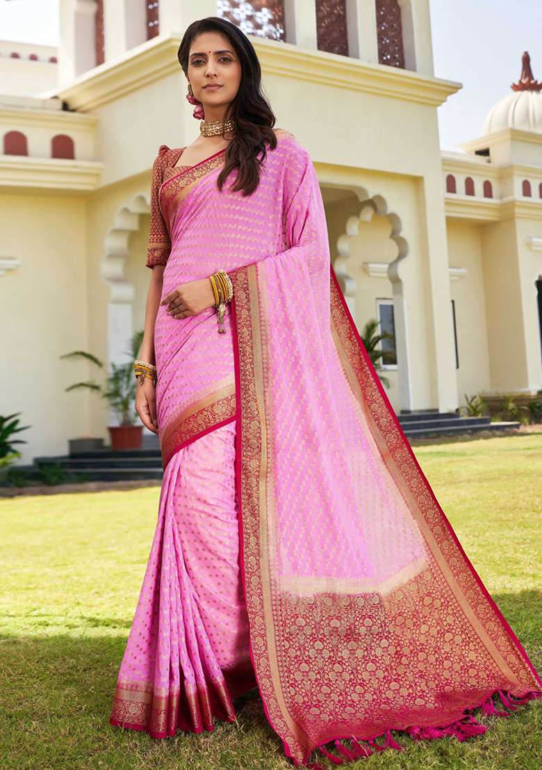 Light Pink Floral Print Banarasi Silk Saree Set - Indya