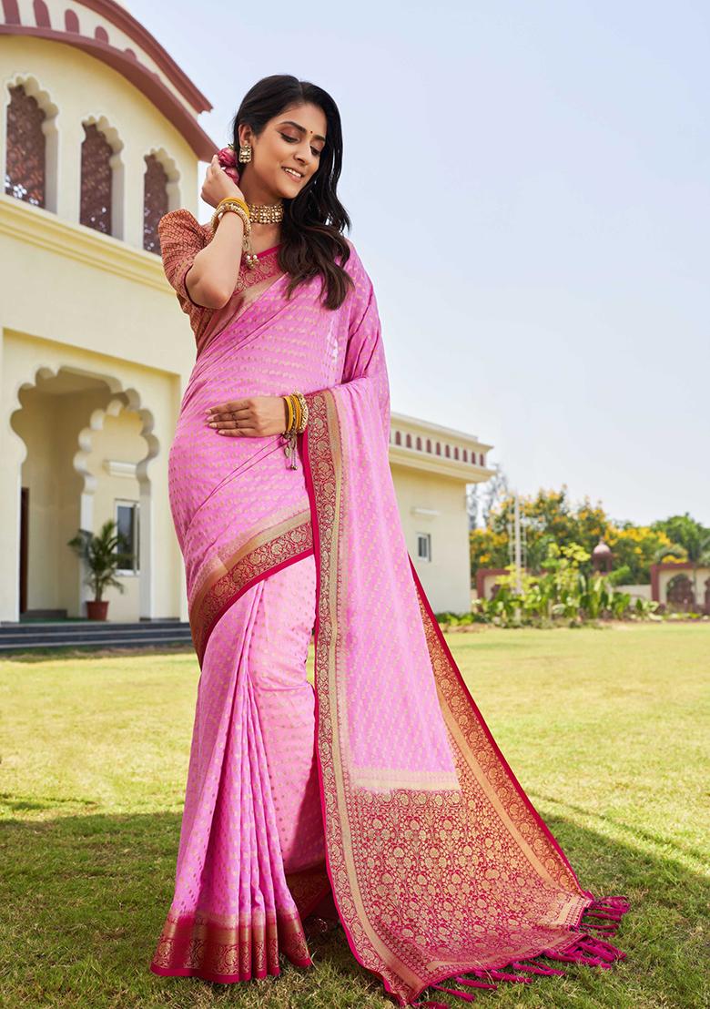 Light Pink Floral Print Banarasi Silk Saree Set