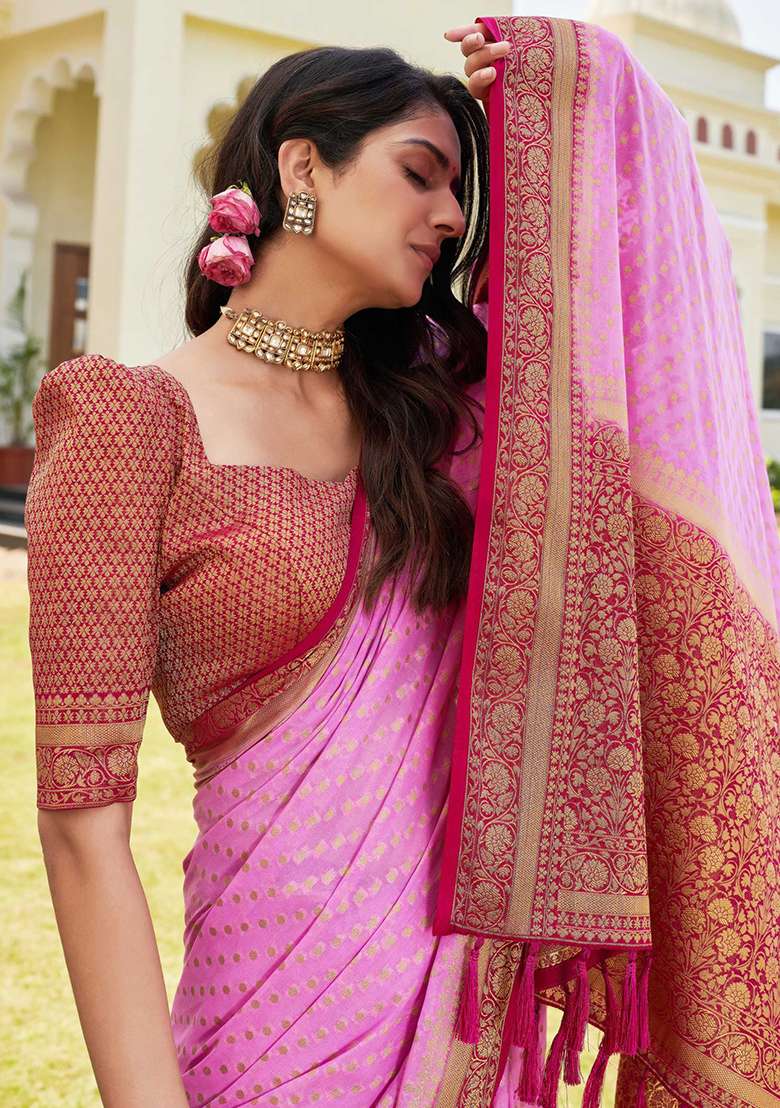 Light Pink Floral Print Banarasi Silk Saree Set - Indya