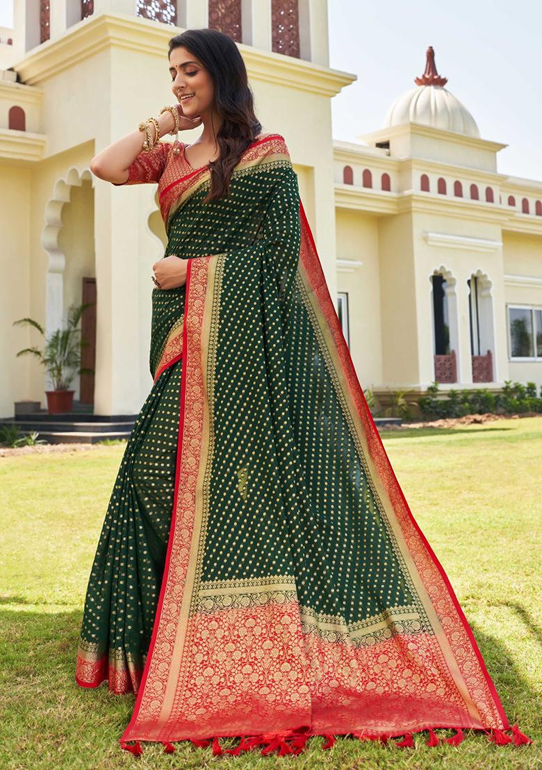 Green Floral Print Banarasi Silk Saree Set